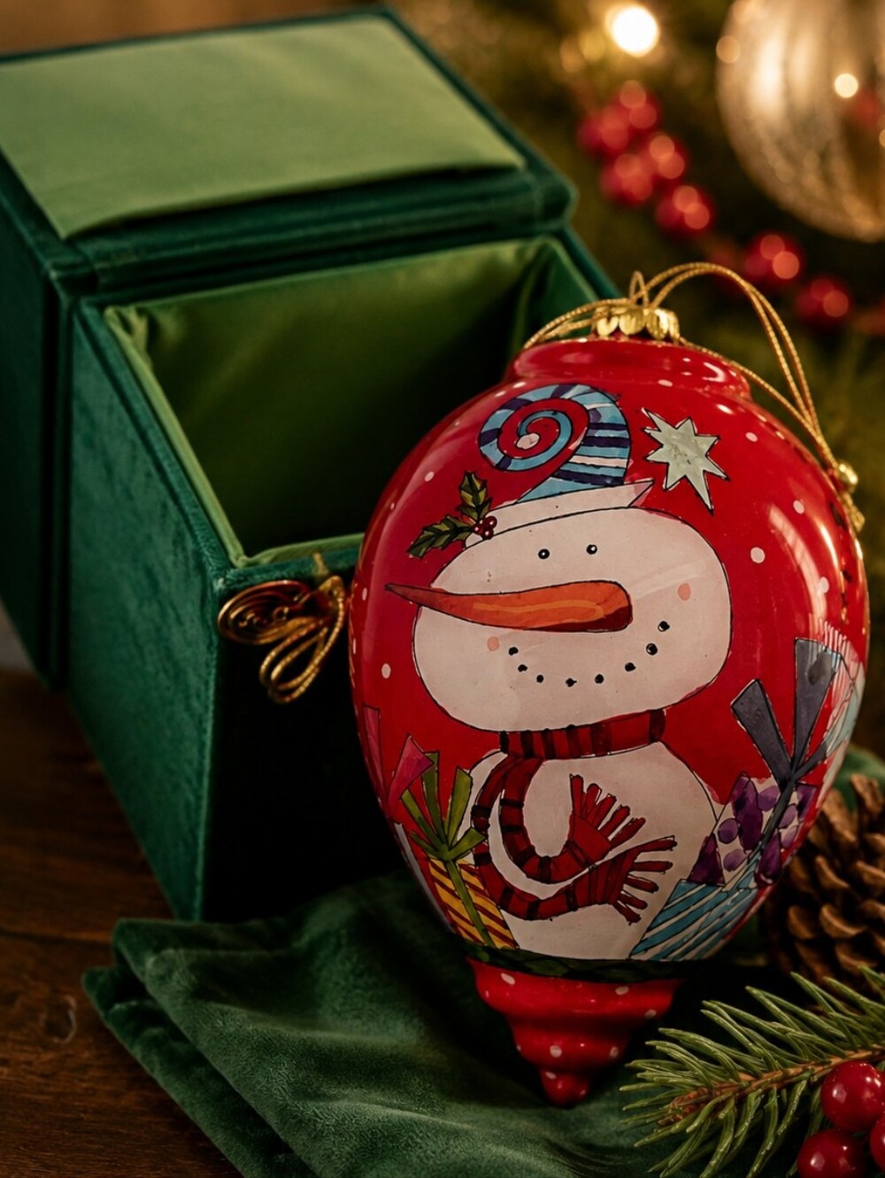 Pier 1 Hand Painted Glass Christmas Ornament – Snowman Holiday Red Vintage Decor